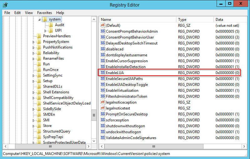 Windows Server 2012: Deactivating UAC - Disable uac